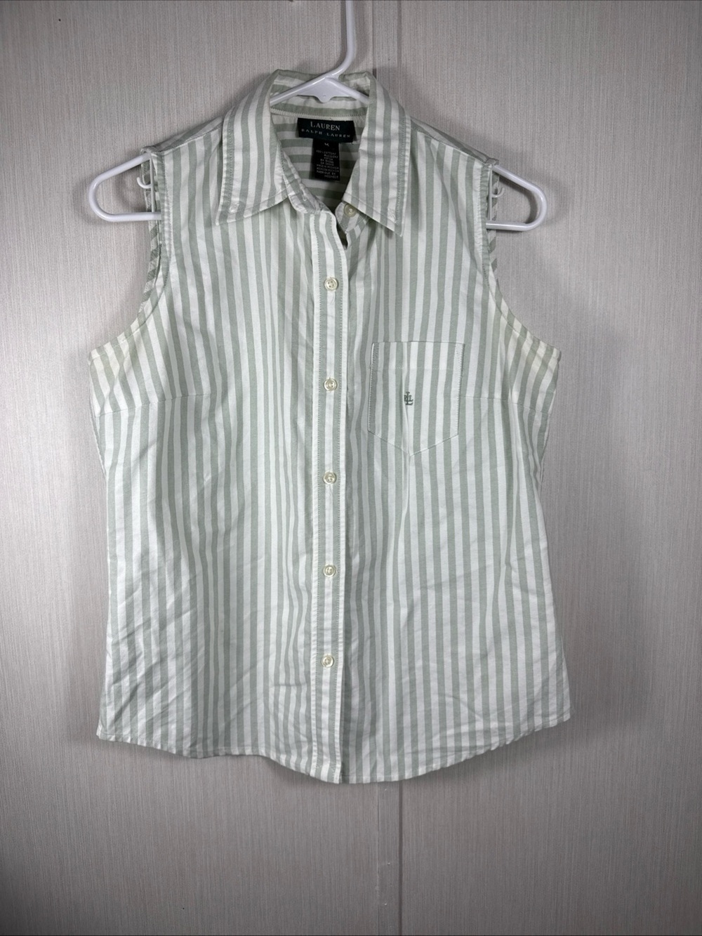 Lauren Ralph Lauren M Womens Green White Striped 100% Cotton Sleeveless Shirt